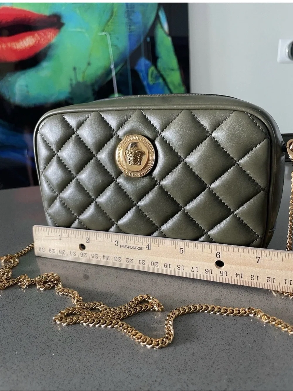 Versace Quilted Olive Green Leather Crossbody with Gold Medallion